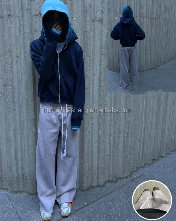 Clothing manufacturers custom wash three double layer baggy flare sweatpants and cropped hoodie set sweat suits men