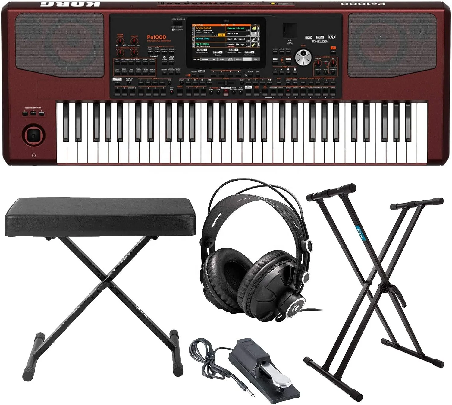 Authentic quality KorgS PA1000 Professional Arranger Keyboard Bundle with Knox Bench, Stand, Sustain Pedal and Studio Headphones