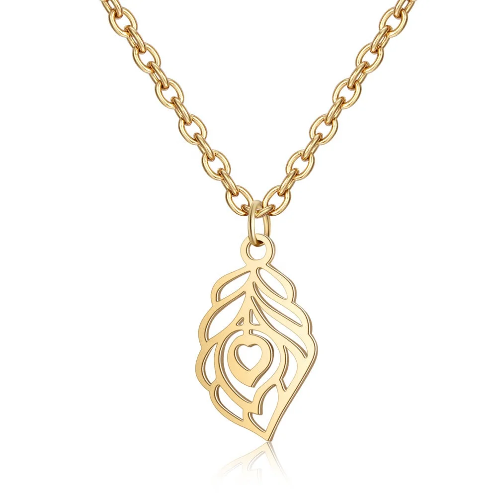 
Unisex personalized gold silver plated peacock feather shape jewelry hollow chain 18k gold necklace for women 