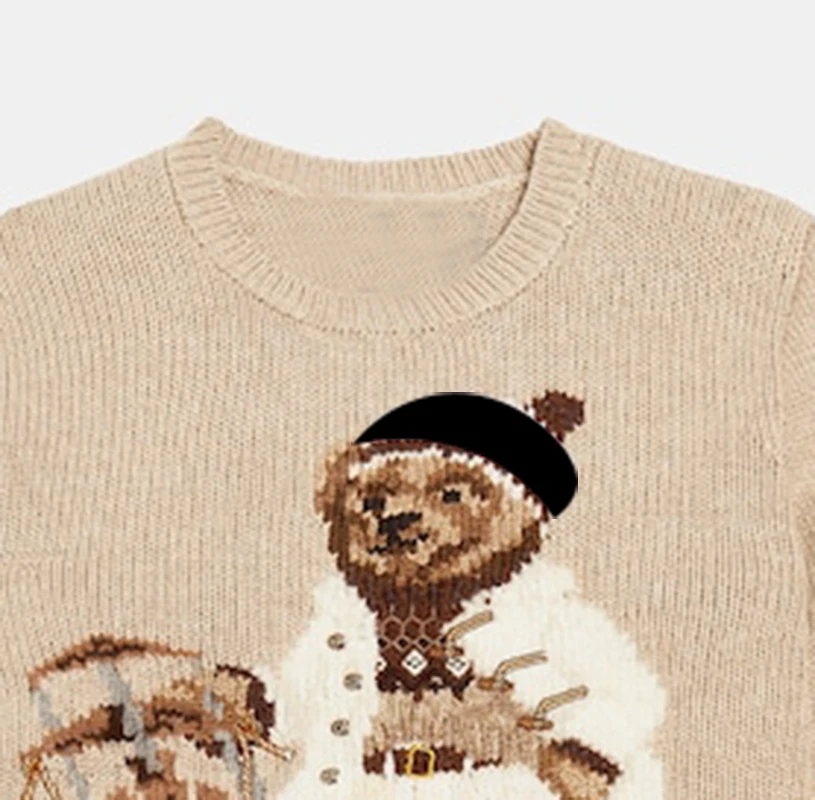 Nanteng Custom New Arrivals 100% Cotton Trendy Loose Bear Jacquard Knitted Pattern Round Neck Long Sleeves Men Pullover Sweater