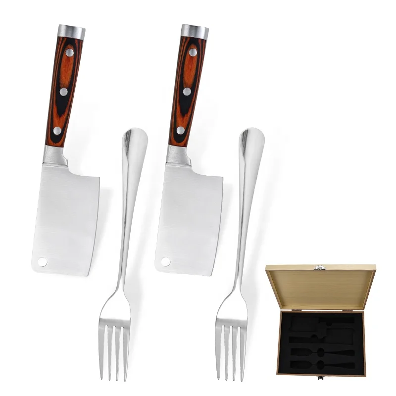 Hot selling pakkawood steak knives, Best sale kitchen mini cleaver knife and fork set, Stainless steel steak fork knife set