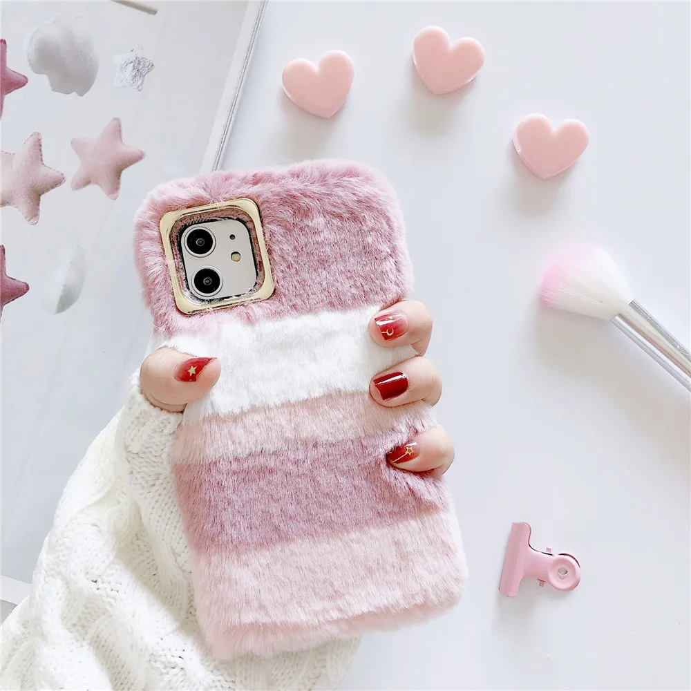 Fashion Luxury Fur Phone Case For iPhone 11 13 Pro,Colorful Plush Mobile Cover for iPhone 11 Pro Max 12