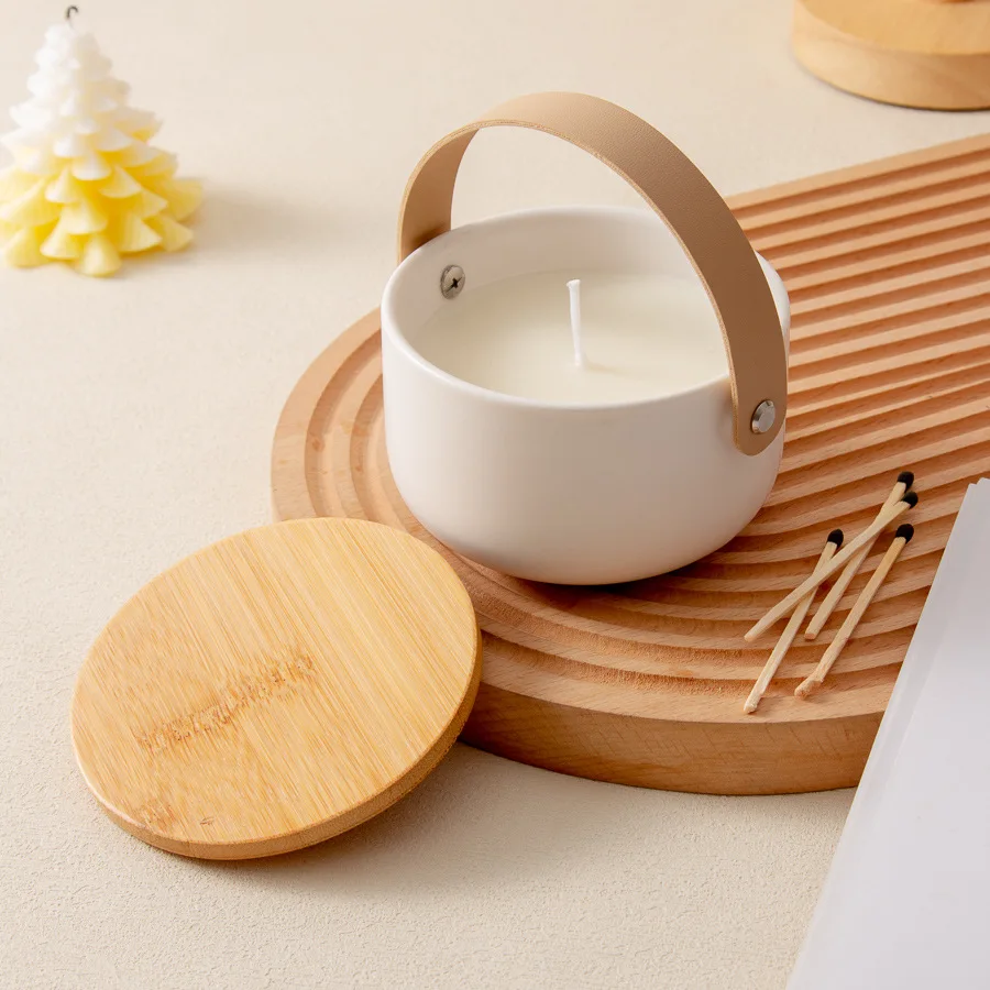 Wholesale Unique Ceramic Candle Jar with Leather Handle Nordic Custom White Luxury Ceramic Candle Vessels With Lid