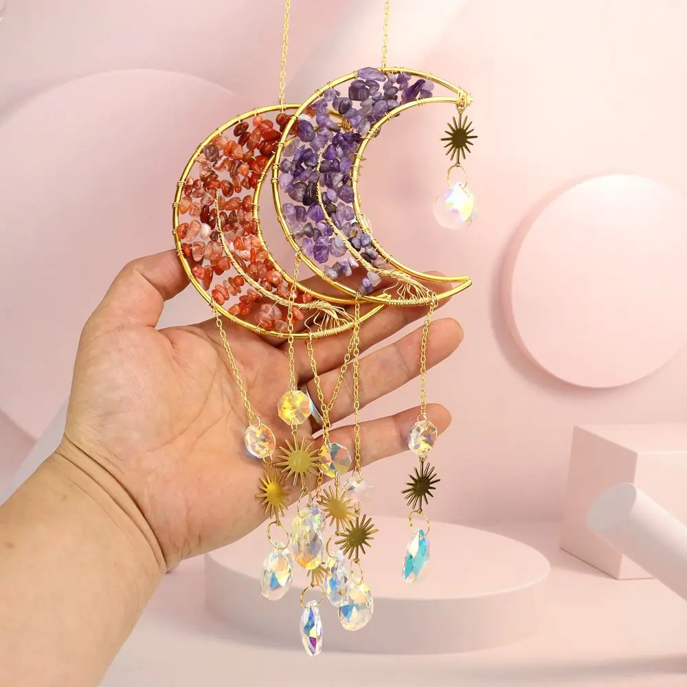 Natural Crystal Crushed Stone Life Tree Moon Sun Catcher Pendant Wind Chime Decoration Pendant Crystal Sun Catcher