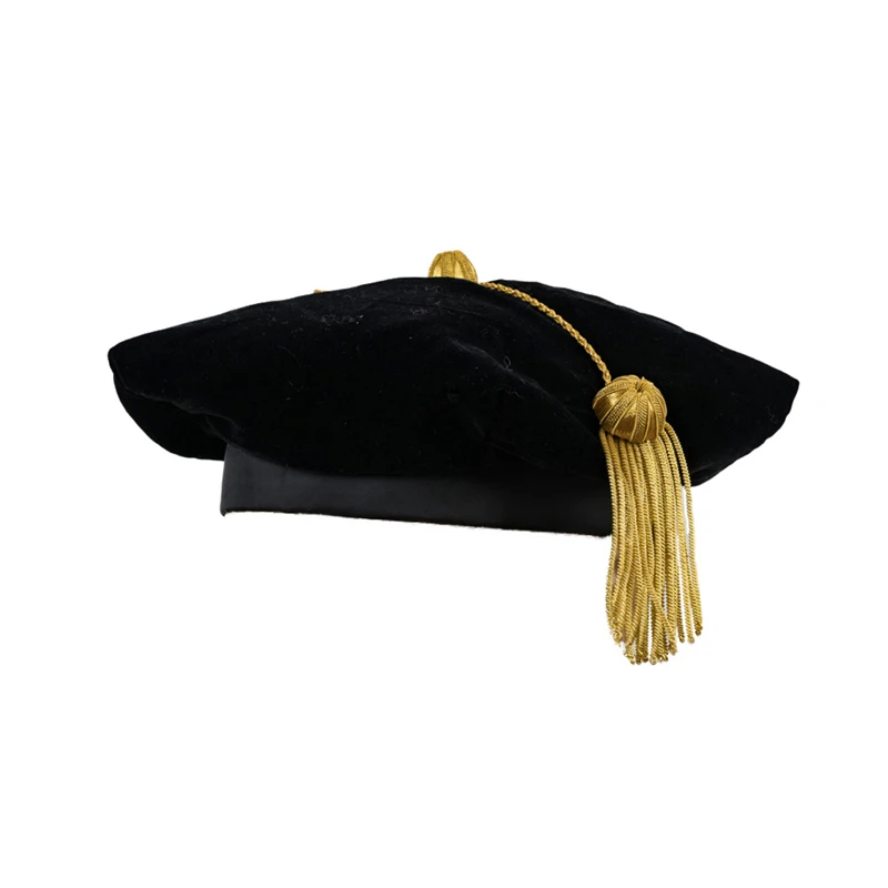 Graduation Doctoral phd gown Velvet doctoral tam with Golden Bullion Tassel Graduation Hat 8 sides