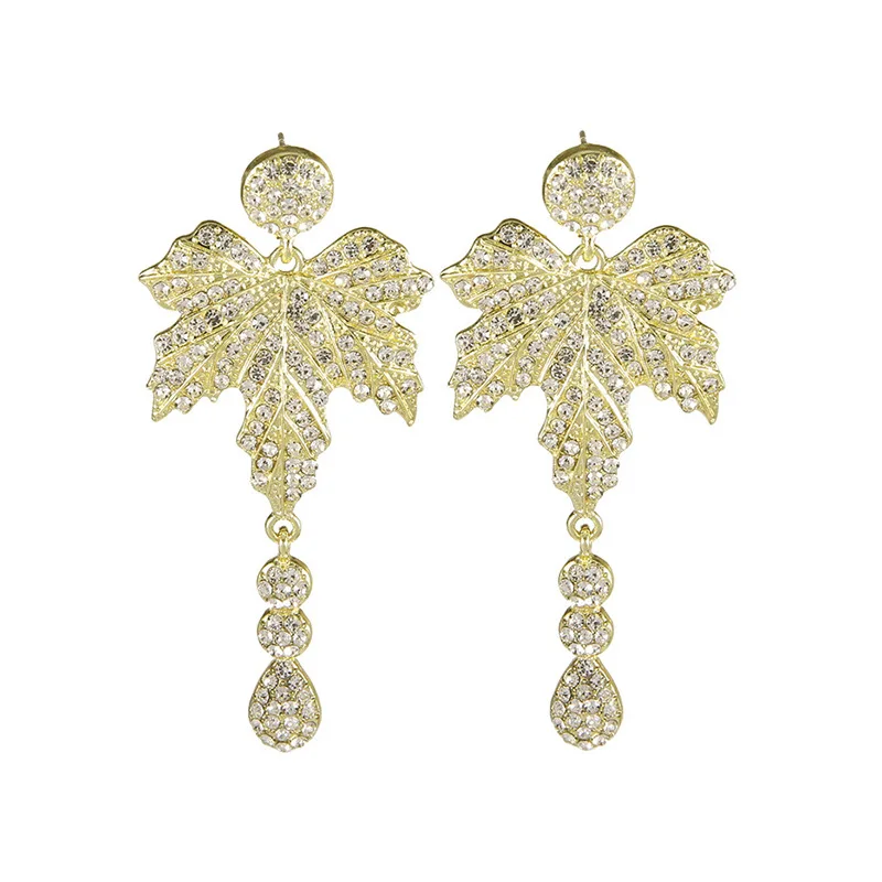 Korea Fashion 925 Silver Needle Flash Drilling Maple Leaf Women Eardrop Gold Plated Tassel Earrings