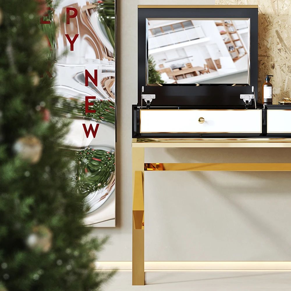 Luxury European Modern Design White Black Dresser Table with Mirror Makeup Mirror Dressers Table Console Table Bedroom Furniture