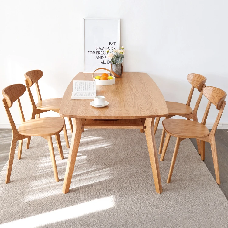 Solid Oak Wood Home Funiture 2 Layers Dinning Wooden Dining Table and Chairs Set