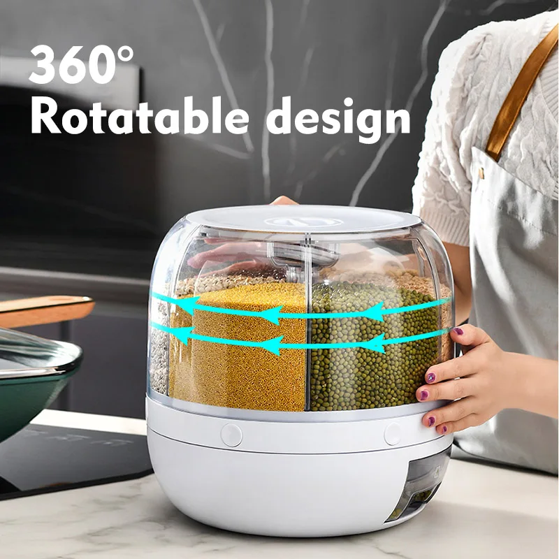 home storage organization 6-compartment Holder Grain rice storage container Rotating Food rice Dispenser