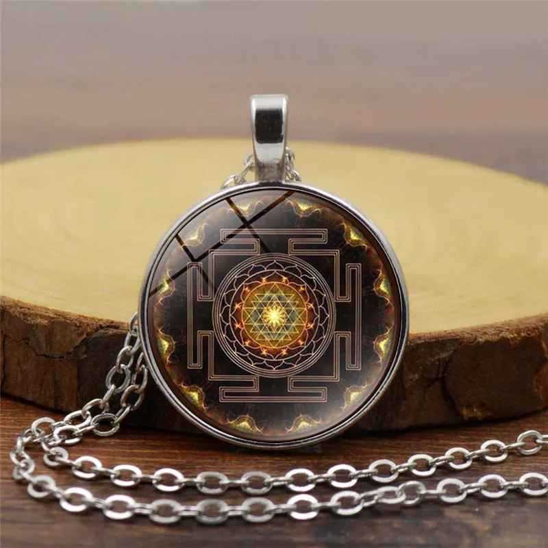 Buddhist  Sacred Jewel Time Deluxe Vintage Pendant Mandala Sri Yantra Necklace