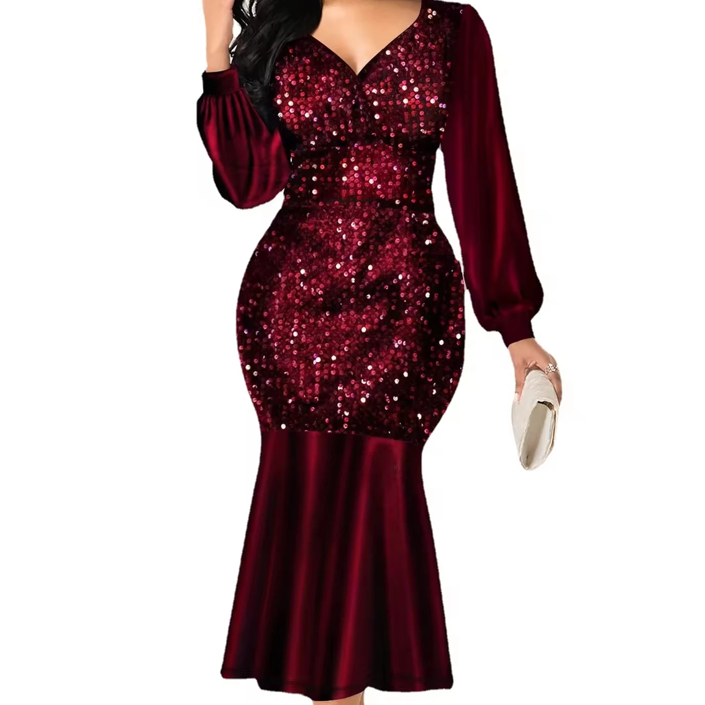 New V-neck Sexy Slim High Waist Sequin PROM Fishtail Evening Dress