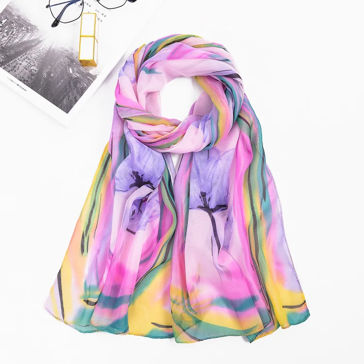 Kejia Hot Sale Print Flower Silk Chiffon Scarves Women Wrap Sunscreen Beach Cover Up Long Hijab Bandana Polyester Cape Female