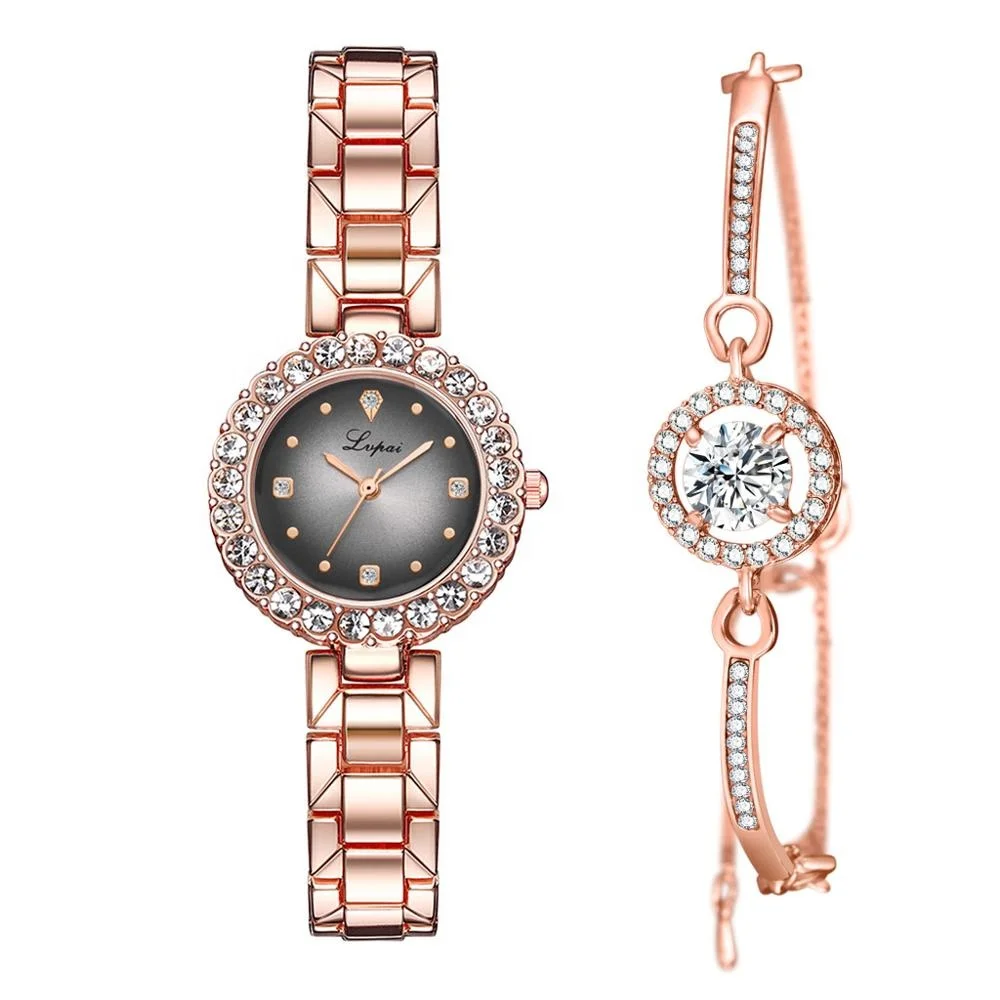 Beautiful Girls Hand Watches Fashion Diamond Rose Gold Metal Women Watch And Bracelet Sets