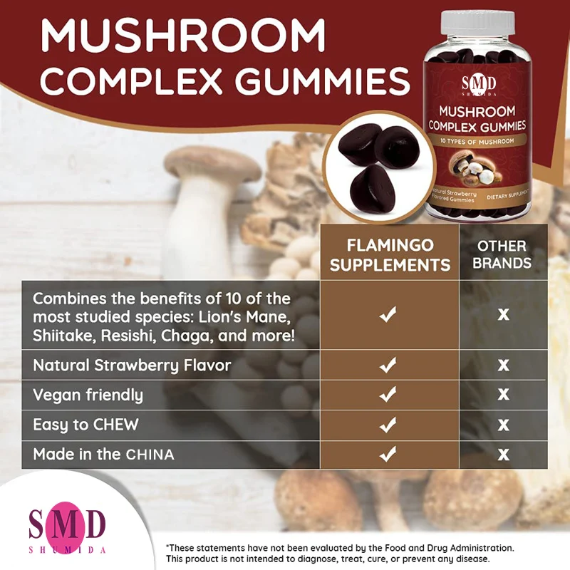 
OEM cumstom Mushroom Complex Gummies Vegan Nootropic Mushroom Supplement Naturally Flavored Gummies 