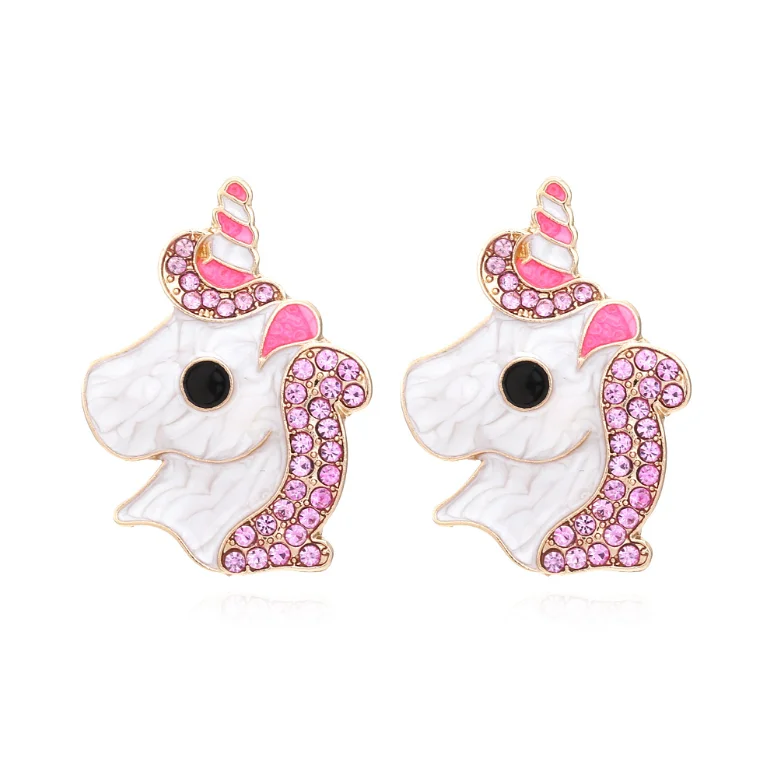 2023 New arrivals cute cartoon pink diamond unicorn stud earrings for lady girls kids