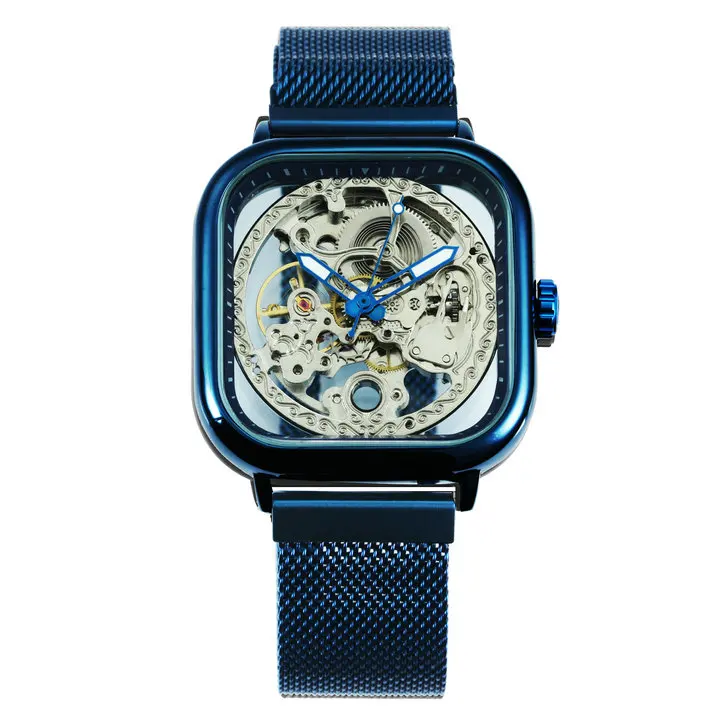 WINNER Official Blue Mens Watches Top Brand Luxury Automatic Mechanical Watch Men Carved Magnet Mesh Strap Skeleton Wristwatch