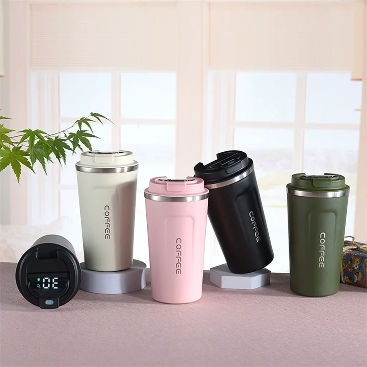 Travel Coffee Mug Double wall vacuum insulated Coffee thermal cup with LED Temperature Display spill proof lid