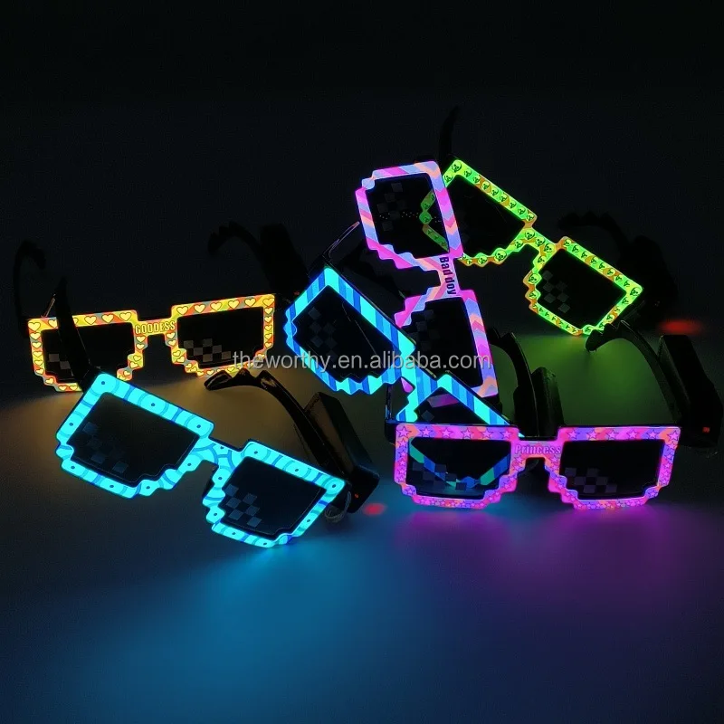 T-Worthy NEW Luminous LED Glasses Funny Pixelated Mosaic Gamer Light Up EL Wireless Glasses Party Disco Cool EL Glasses
