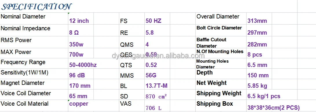 12  inch 65 mm coil ferrite mid-bass speaker woofer