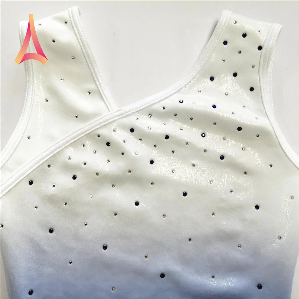 Pearl White to Blue ombre Girls Gymnastics Leotard with asymmetric neckline