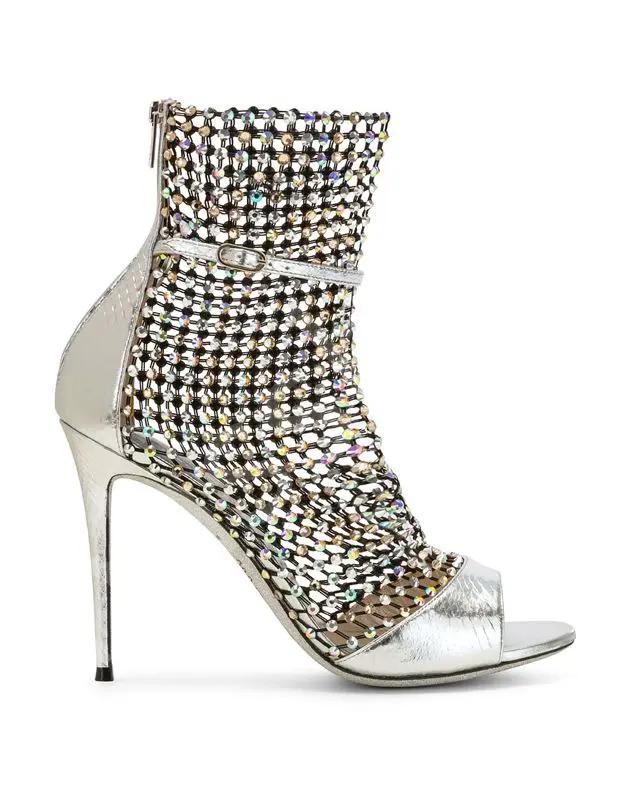 Luxury brand open toe mesh with diamond boots hot printed satin cutout roman boots 3.75inch high heel shoes for women