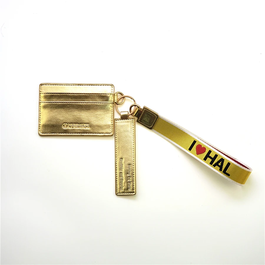 Custom logo PU leather credit/name card holder with wrist strap