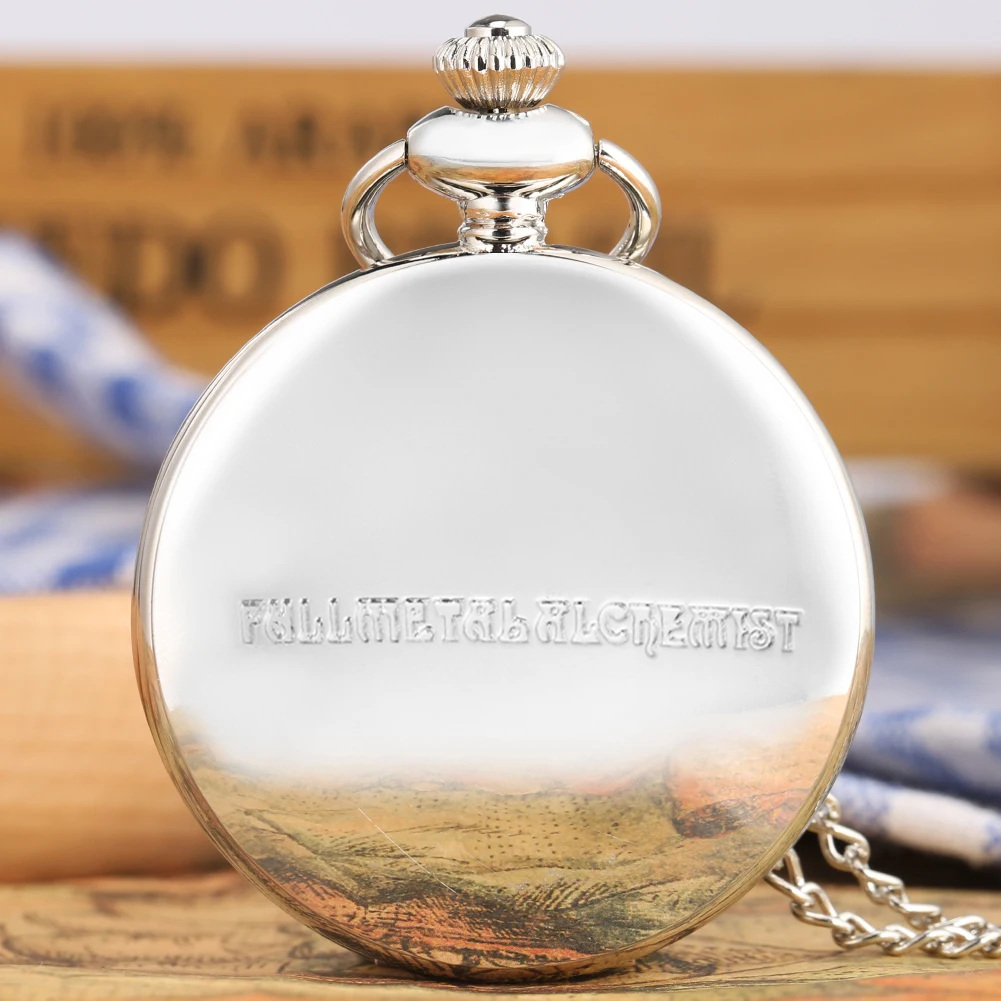 Anime Cosplay Necklace Pendant Chain Clock Reloj Edward Elric Roman Numerals Dial Fullmetal Alchemist Silver Quartz Pocket Watch