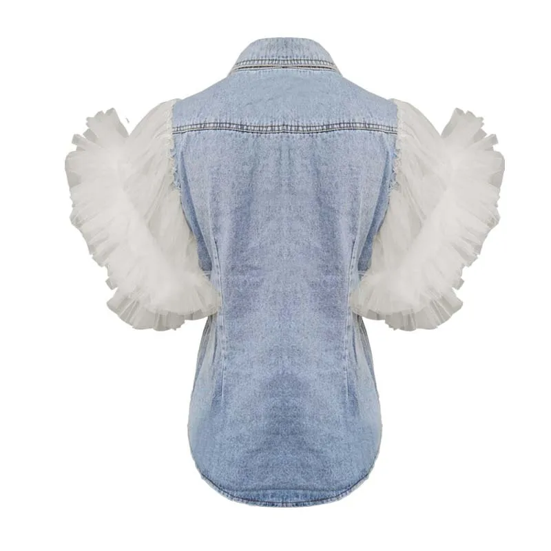 Fashion Sexy Mesh Sleeveless Denim Jeans Jacket For Ladies