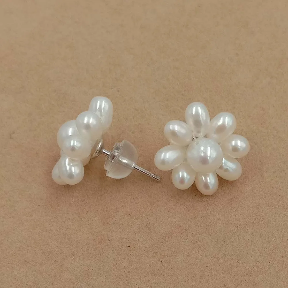 newest 925 sterling silver stud pearl earring , 100% nature freshwater pearl ,handmade flower design , 15 MM
