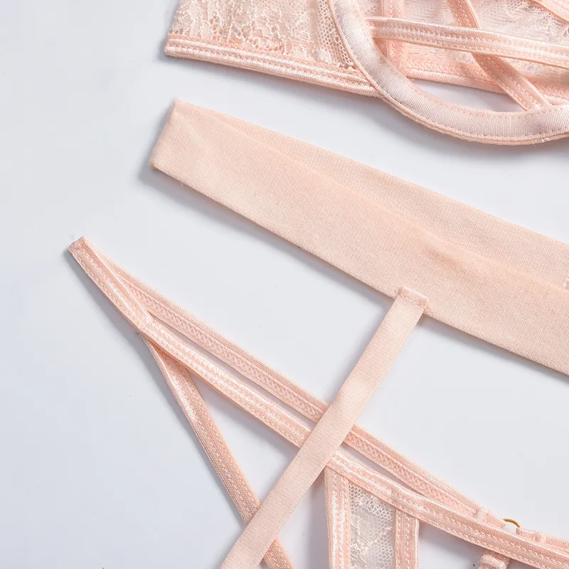 Belle mature wet look pink lace strappy cage high-waisted thong panty american 3 pieces harness lingerie set