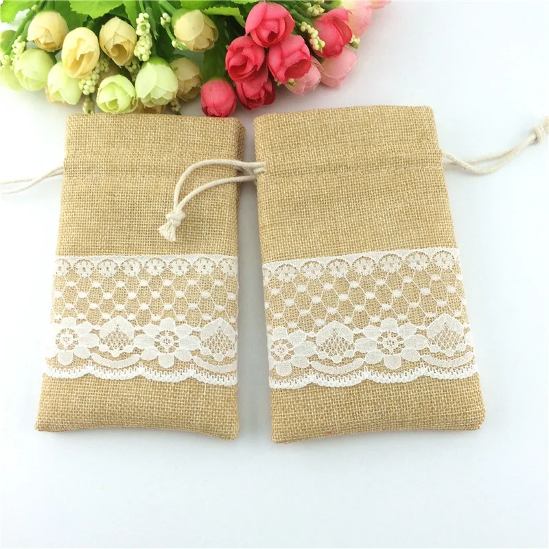 Jute pouch with lace,wedding party favor jute gift pouch,custom burlap lace drawstring bag