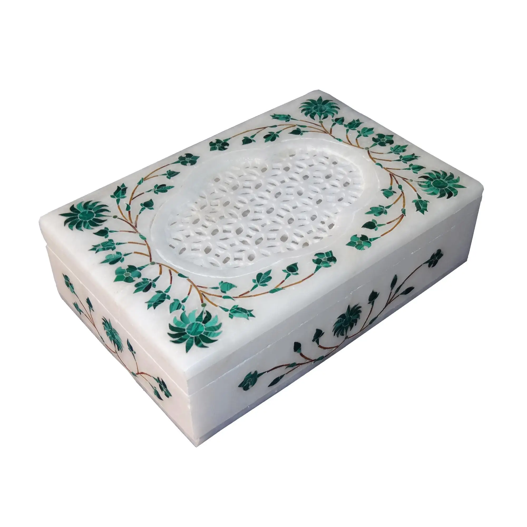 Beautiful White Marble Inlay Decorative Work Jewelry Box  Handmade Designer Alabaster Stone Boxes India 2021 made in India