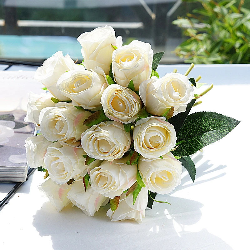 White 18 Heads Brides Flower Artificial Rose Bouquet for Wedding