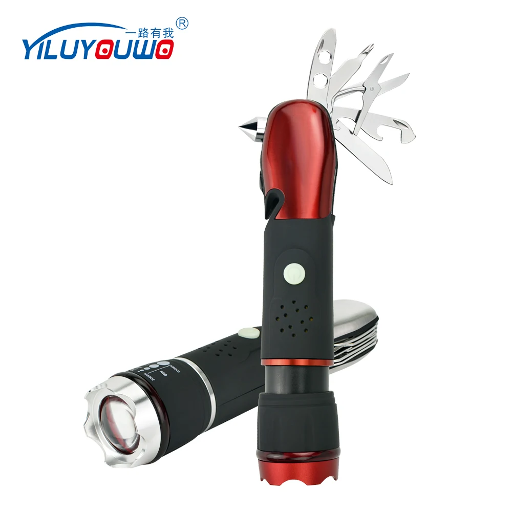 LED Zoom Focus Battery Safety Hammer Seat Belt Cutter Car Emergency Self Defensive Tactical Tool Alarm Flashlight AAA 173g