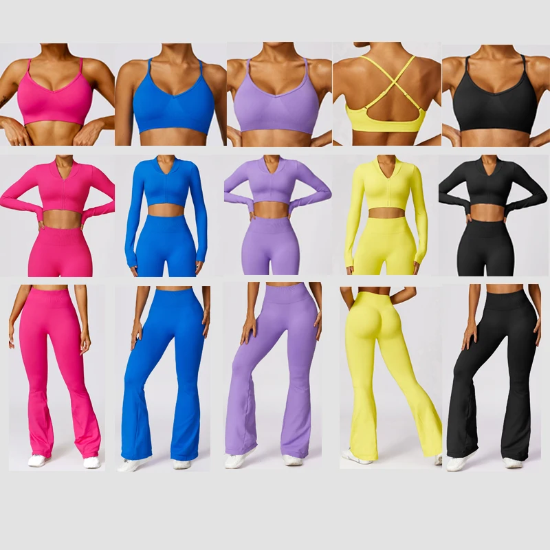 Женский топ на молнии 2024 спортивный костюм бюстгальтер расклешенный бесшовный одежда для фитнеса тренировки тренажерного зала комплект из 3 предметов йоги