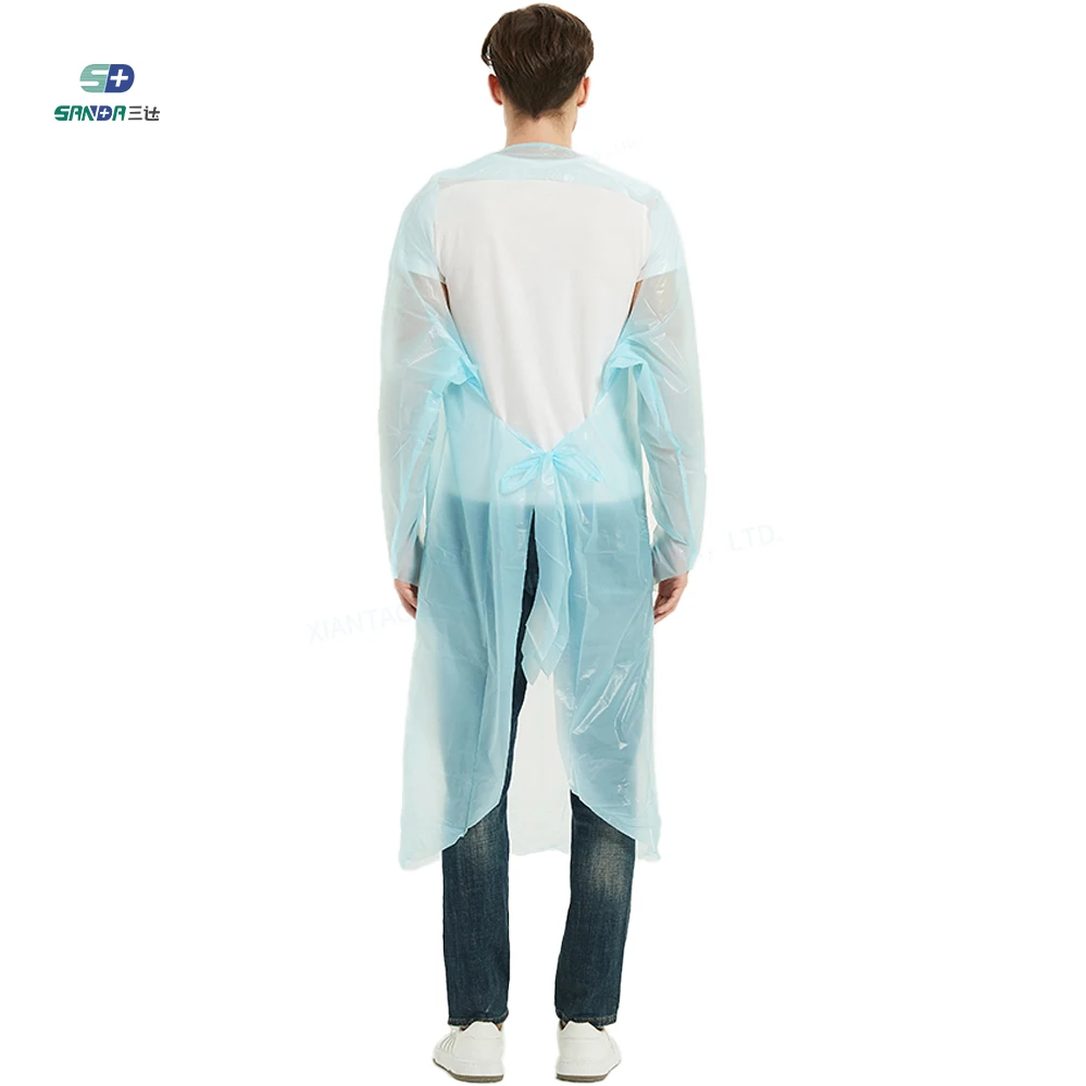 Wholesale Back-opening Light Blue Waterproof Plastic Apron Polyethylene Medical Disposable CPE Isolation Gown