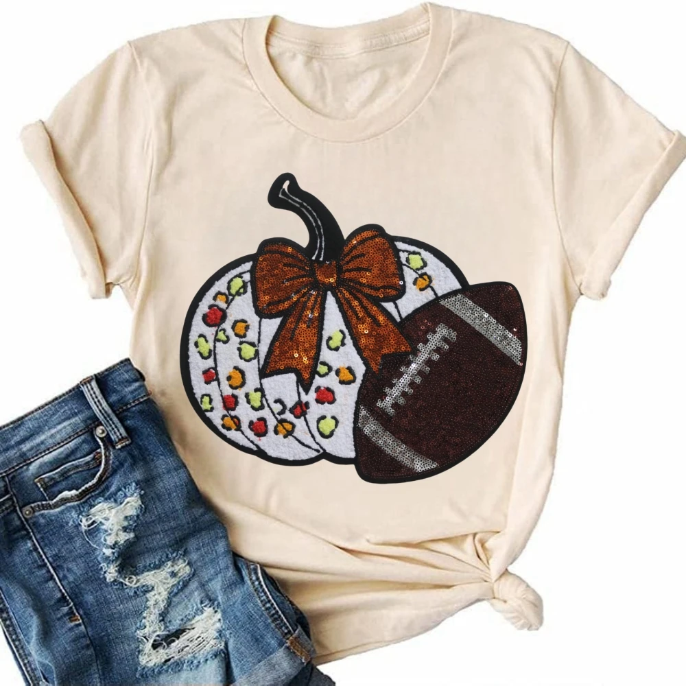 Wholesale Design Iron On Baseball Bow White Pumpkin Sequin Patches Custom Embroidery Patch forClothing
