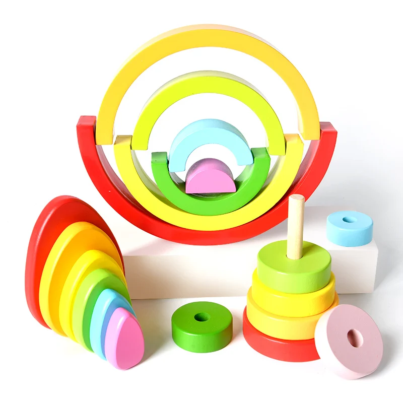 3 in 1 Wooden Rainbow Stacker Toy Tower of Hanoi 7 Colors Rainbow Stacking Stones Building Blocks Set Nesting Toy