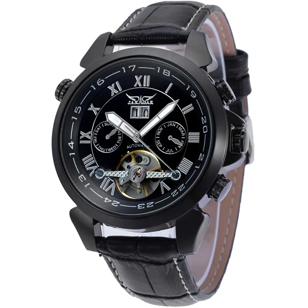 Luxury JARAGAR Leather Strap Men Automatic Mechanical Watch Tourbillon Skeleton Watch Timepiece