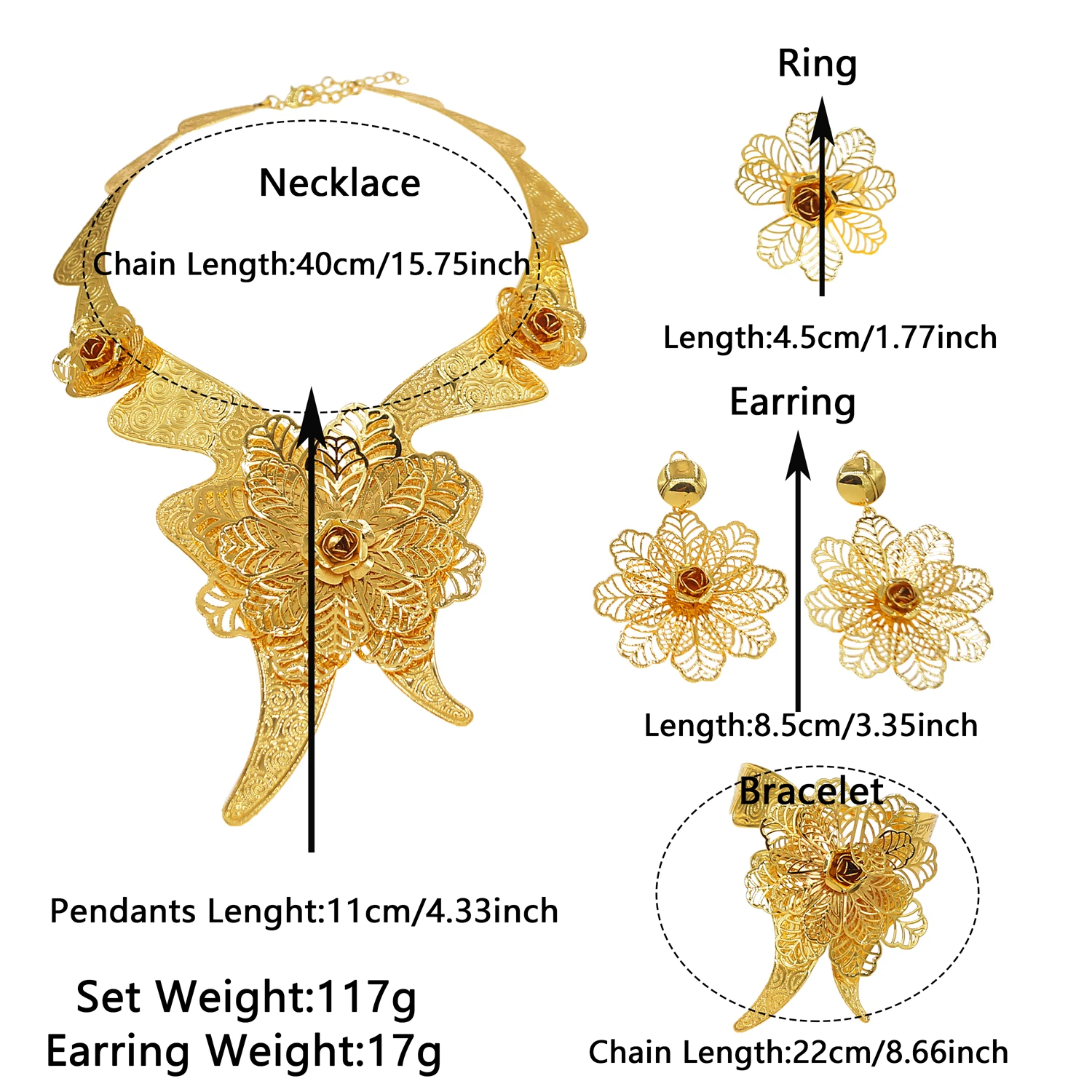 Zhuerrui hot selling new Italian jewelry set textured 18K gold-plated necklace flowers sweet romantic girl wedding 4-piece set