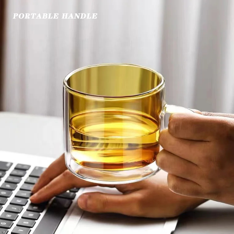Clear borosilicate double wall color glass mug with handle