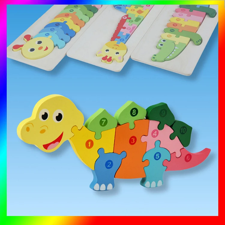 Teka teki 3-year-old children wooden animal puzzle 3d puzzle hand grasping board dinosaur digital building block toy