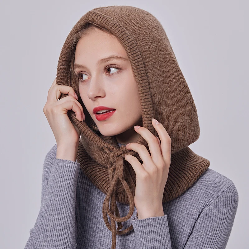 Winter Wool Knitted Hooded Acrylic Beanie Hat for Women Head Ear Warmer Solid Color Adjustable Scarf Hat with Rope