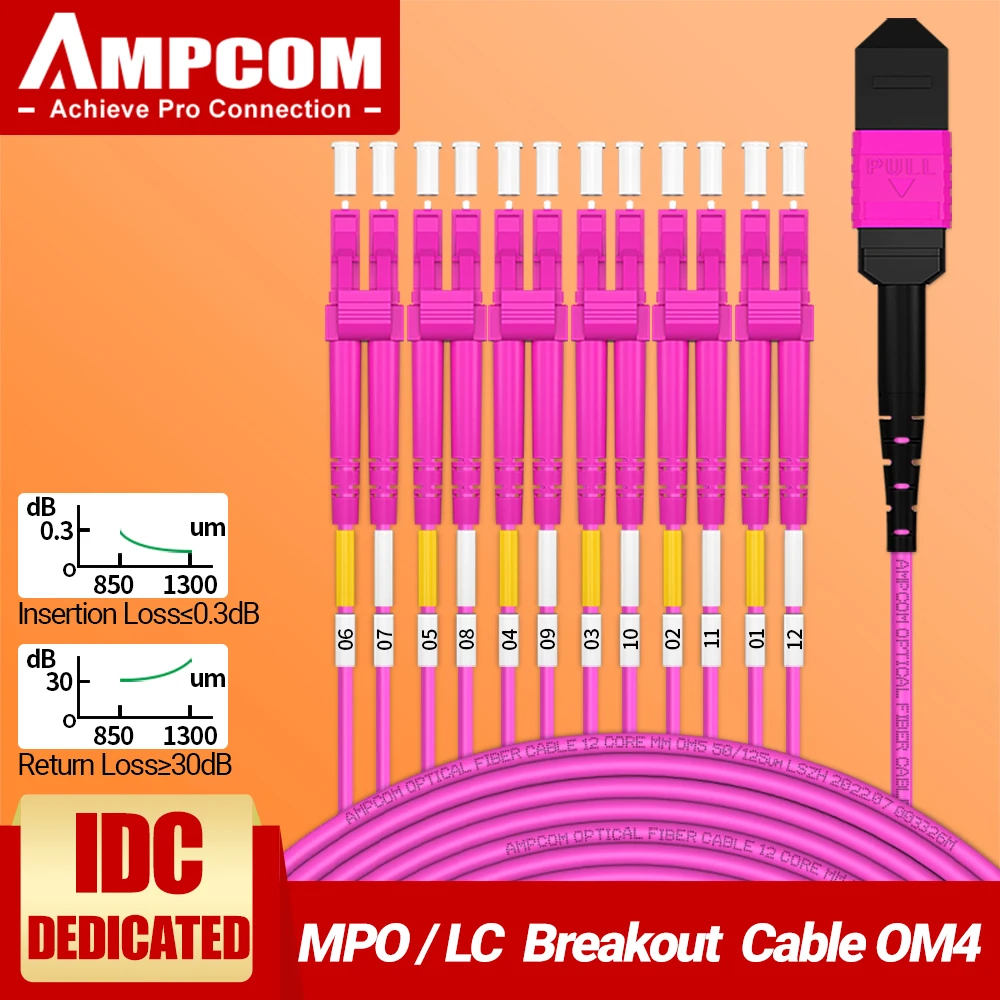 AMPCOM MPO/MTP to LC Fiber Breakout Cable, OS2 OM3 OM4 8/12 Cores Singlemode Multimode, 10G/40G QSFP Fiber Optic Splitter Cable