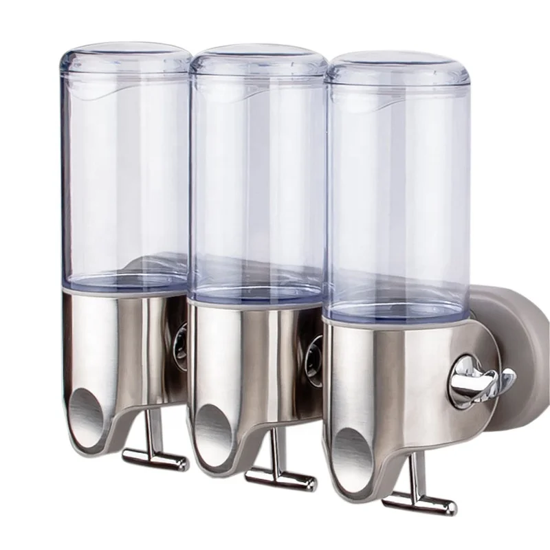 Hotel 500ml Triple Wall Mount Shower Pump Shampoo and Conditioner soap Dispenser Stainless Steel for Bathroom
