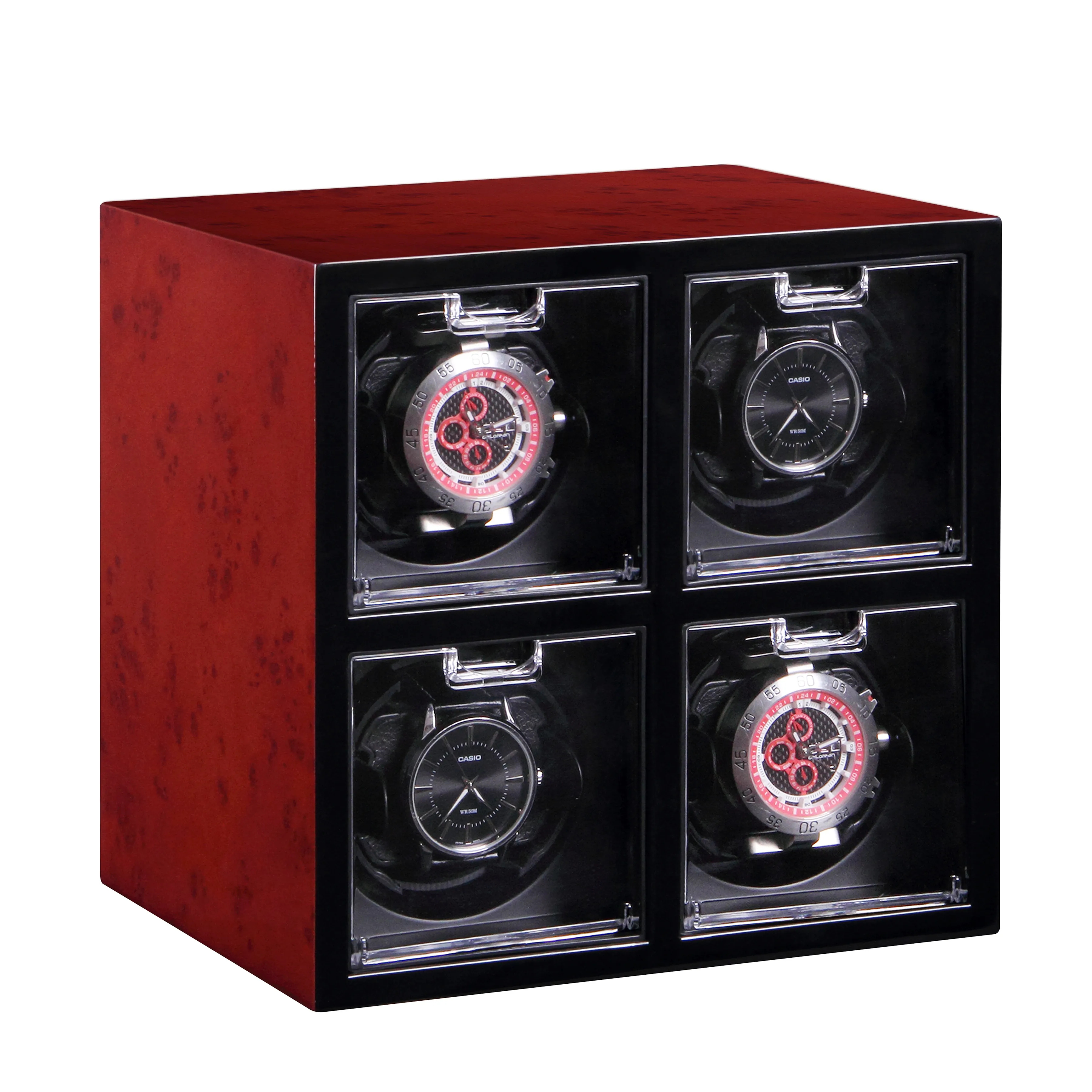 Luxury High quality  molle Automatic Watch winder safe mechanism wood leather rotations watch winder box 4 slots with OPEN-STOP