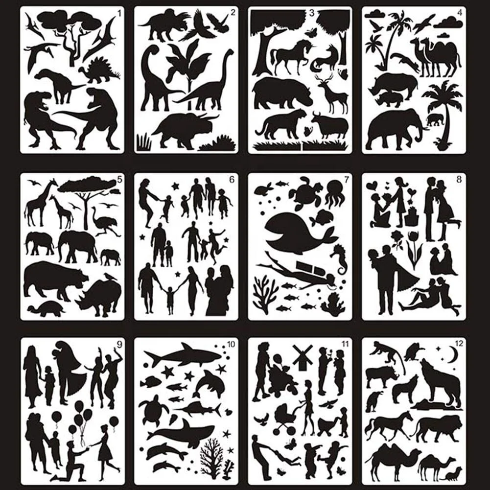 12 Sheets Animal Stencils for Painting Reusable Plastic Stencils People Plants Animals Pattern Template