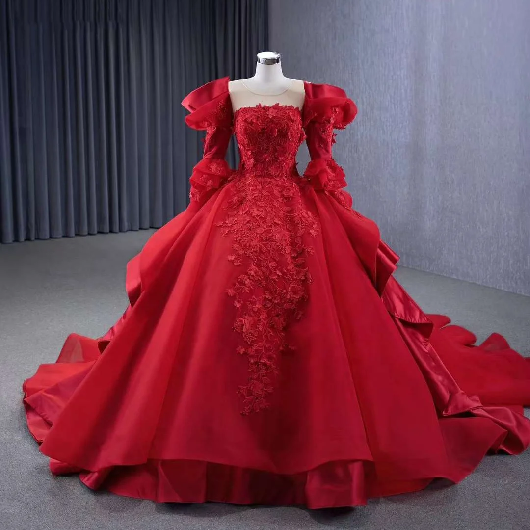 Stunning Girls Stage Performance Dress Red Ball Gown Long Sleeves Open Back Prom Evening Dresses