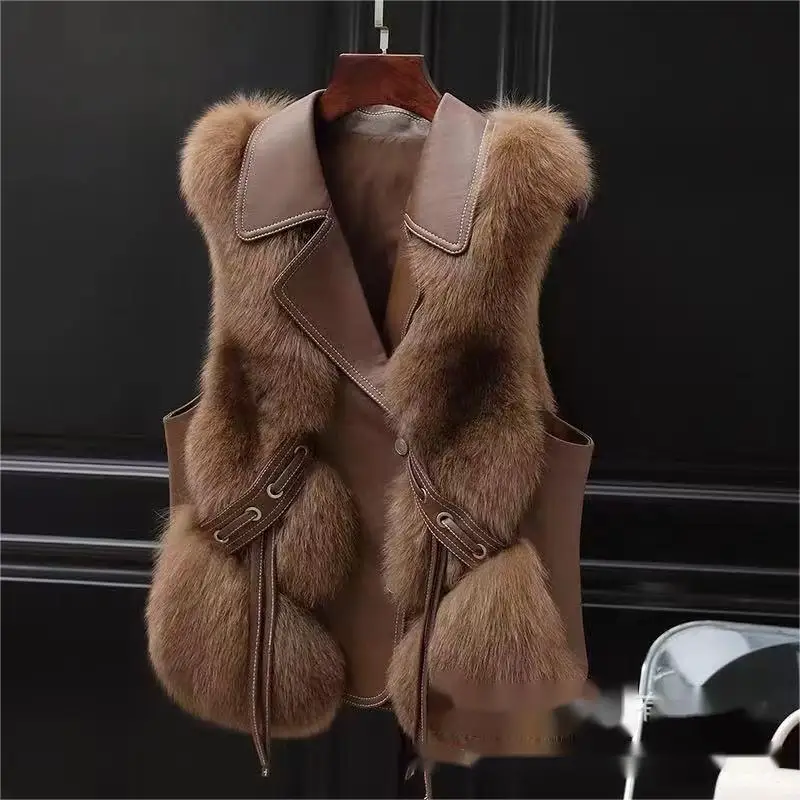 2023 women custom and wholesale fashion high quality faux fox fur vest lady winter pu gilet Factory price Shenzhen Lily Cheng