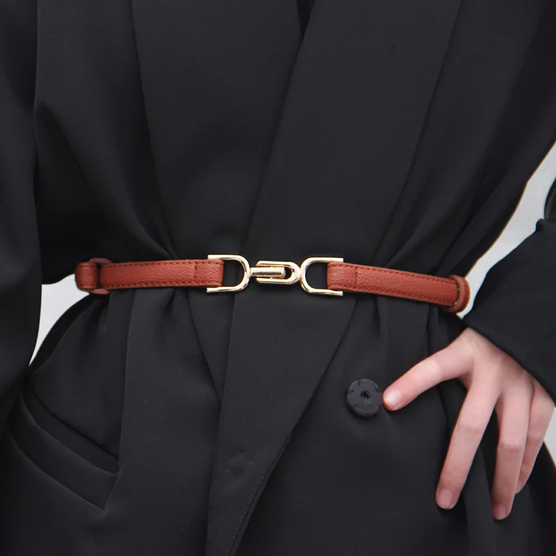 New Arrivals Women Black Coffee Elegant Ladies Dresses Decorative Thin PU Leather Belt